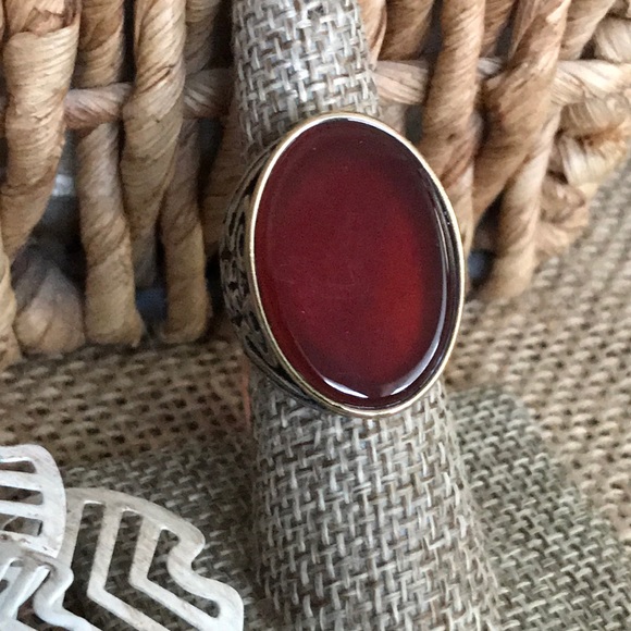 Red Agate Oval Statement Ring Stainless Steel - Picture 2 of 5